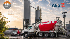 Camión mezclador de concreto de Alia en planta industrial utilizando tecnología CarbonCure para producción de concreto sostenible en Panamá