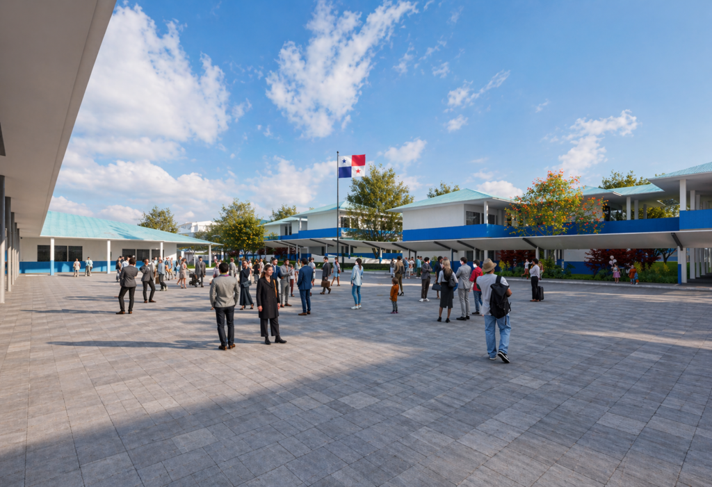 Centro educativo Hacienda Santa Cecilia en Panamá Este con plaza abierta y personas en ambiente familiar.